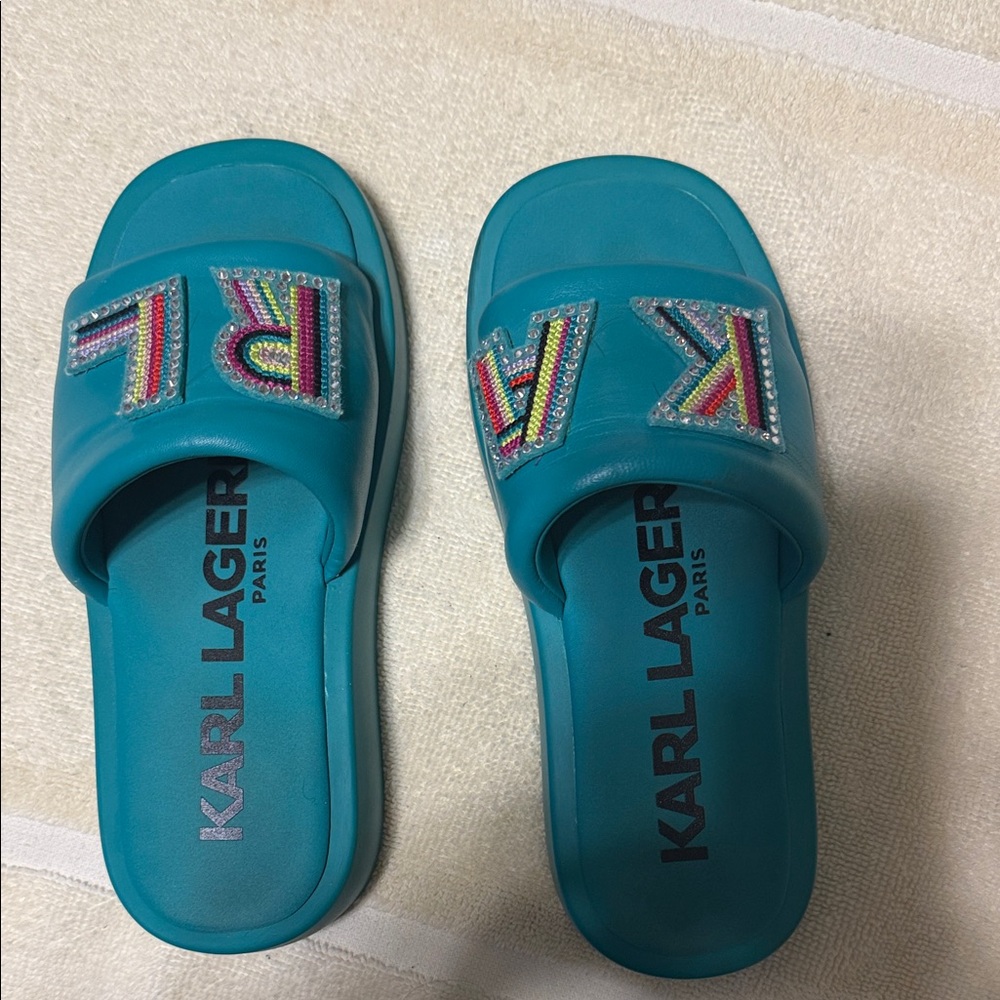 Karl Lagerfeld Teal Slides with Multicolor Beading